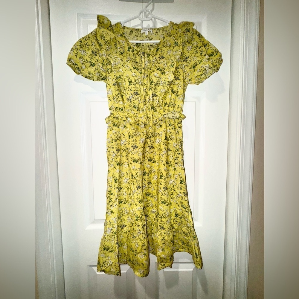 Calista boho Floral Yellow Midi ruffle Dress. Size Small. VGUC.